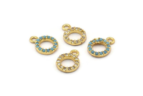 Gold Circle Charm, 4 Gold Plated Circle, Cubic Zircon, CZ Pave Circle Charm, Zircon Charm Pendants (7x10mm) SY0009