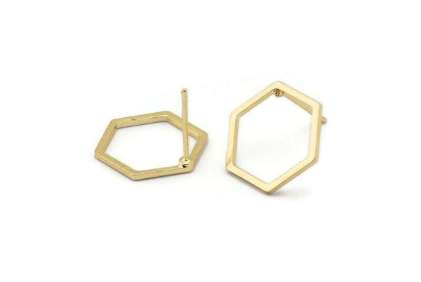 Gold Hexagon Earring, 6 Gold Plated Brass Hexagon Stud Earrings (14x0.90mm) A1637  A1713