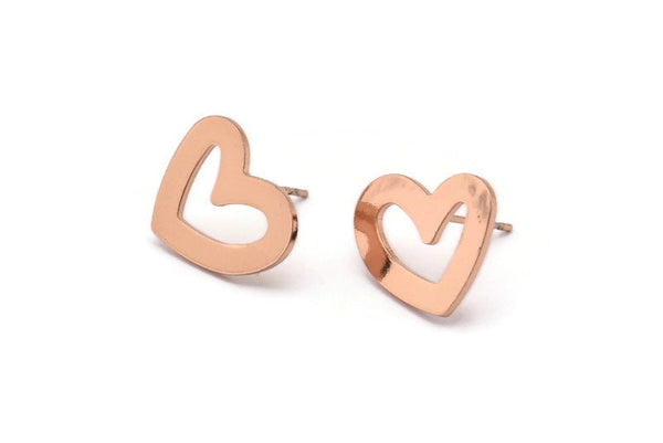 Rose Gold Heart Earring, 4 Rose Gold Plated Brass Heart Stud Earrings (16x14x1mm) M863 A2239 Q1088