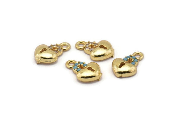 Gold Heart Charm, 4 Gold Plated Heart Key, Cubic Zircon, CZ Pave Heart Charm, Zircon Charm Pendants (7x11mm) SY0016
