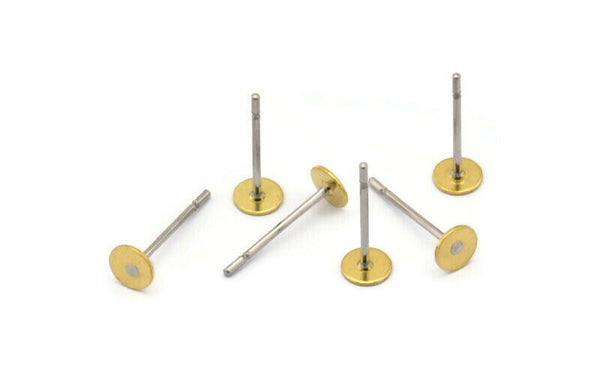 Stainless Steel Flat Posts Bulk, 1000 Stainless Steel Earring Posts With Raw Brass 4mm Flat Pad, 316L Ear Studs A0425