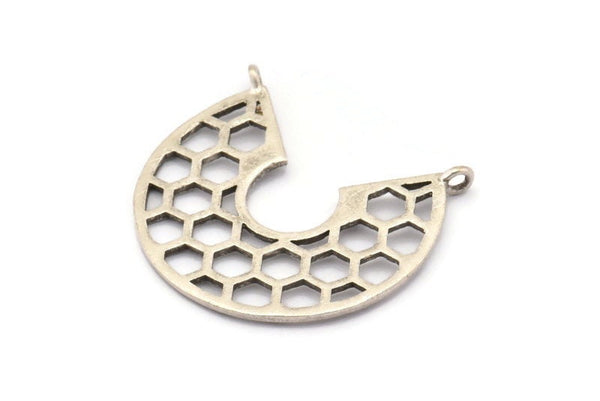 Silver Honeycomb Pendant, 2 Textured Antique Silver Plated Brass Honeycomb Pendants With 2 Loops, Charms (32x29x1mm) V116