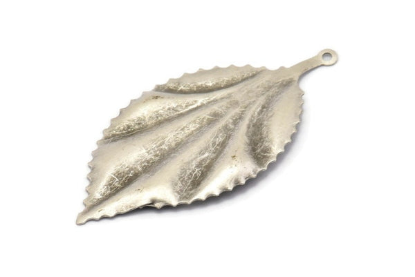 Silver Leaf Charm, 2 Antique Silver Plated Brass Leaf Earring Charms With 1 Loop (60x30mm) V101