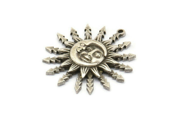 Silver Sun Charm, Antique Silver Plated Brass Sun Pendants With 1 Loop (30x28x1.2mm) N1578 H1580
