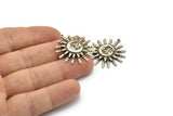Silver Sun Charm, Antique Silver Plated Brass Sun Pendants With 1 Loop (30x28x1.2mm) N1578 H1580
