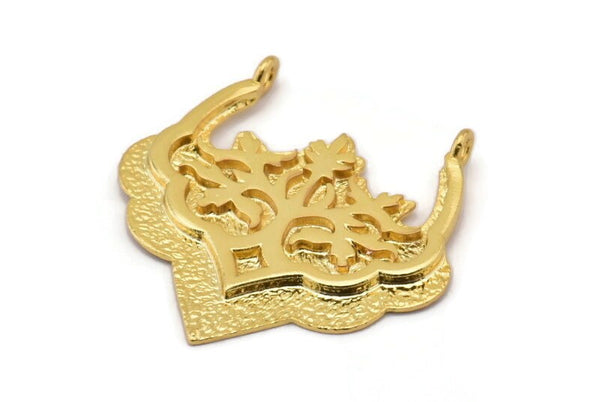 Gold Ethnic Pendant, 1 Gold Plated Brass Ethnic Pendants With 2 Loops (31x32x1.6mm) E249 Q0506