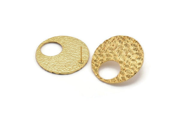 Gold Round Earring, 2 Gold Plated Brass Round Fish Scale Stud Earrings (30x1.8mm) E550 Q0829