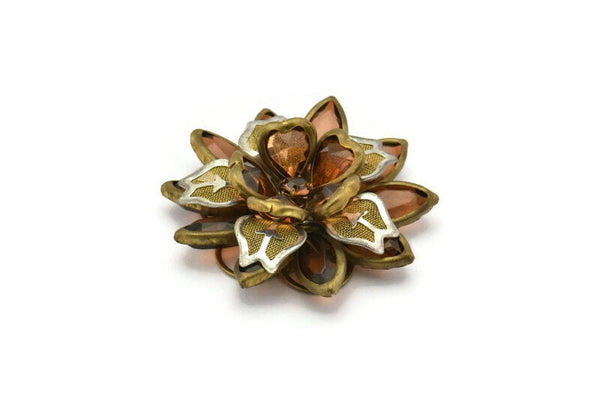 Smoky Lucite And Brass Frame Caged Rhinestone Flower Flatback Beads, Cabochons 39 Mm B-22
