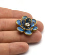 Blue Lucite And Brass Frame Caged Rhinestone Flower Flatback Beads, Cabochons 32 Mm B-22