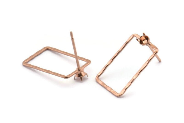 Gül Altın Dikdörtgen Küpe, 6 Gül Altın Kaplama Pirinç Çekiçlenmiş Dikdörtgen Küpe Tılsımı 1 Pedle Birlikte (19x12x0,6x1 mm) E371 Q0517