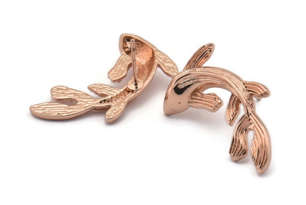 Rose Gold Fish Earring, 2 Rose Gold Plated Brass Fish Stud Earrings (28x16mm) N0774 Q0837