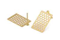 Gold Rectangle Earring, 4 Gold Plated Brass Rectangle Honeycomb Stud Earrings (20x12mm) E026 Q0941
