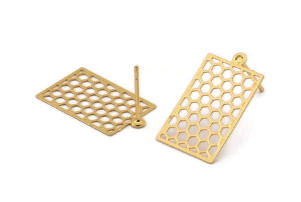 Gold Rectangle Earring, 4 Gold Plated Brass Rectangle Honeycomb Stud Earrings (20x12mm) E026 Q0941