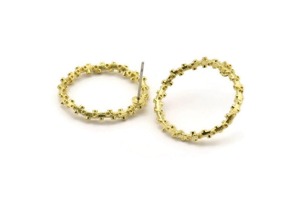 Brass Circle Earring, 4 Raw Brass Wavy Circle Stud Earrings (24x3mm) N1679