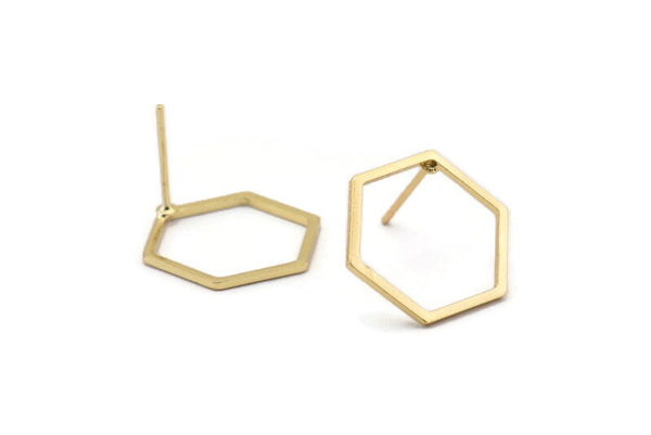 Gold Hexagon Earring, 6 Gold Plated Brass Hexagon Stud Earrings (16x0.90mm) A1638 A1712