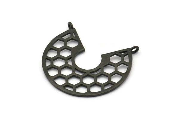 Siyah Petek Charm, 2 Dokulu Oksitlenmiş Siyah Pirinç Petek Kolye, 2 Halka, Charmlar (32x29x1mm) V116