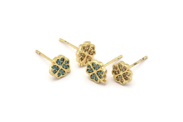 Gold Leaf Earring, 4 Gold Plated Brass Leaf Stud Earrings (7x8mm) SY0178