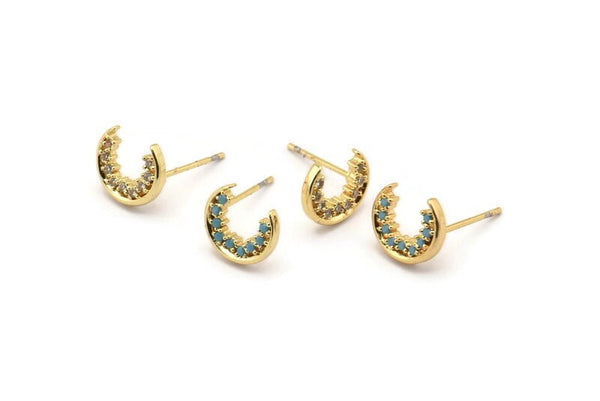 Gold Moon Earring, 4 Gold Plated Brass Crescent Moon Stud Earrings (9x10mm) SY0177