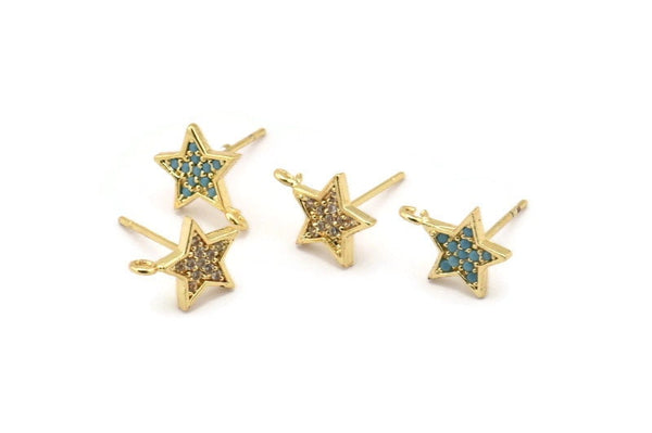 Gold Star Earring, 4 Gold Plated Brass Star Stud Earrings (11x9mm) SY0182