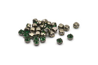 12 Emerald Crystal Rhinestone Beads With 4 Holes Brass Setting for SS24, Charms, Pendants, Earrings - 5.3mm SS24