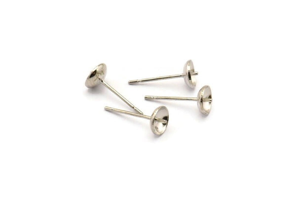 Stainless Steel Post, 24 Silver Tone Stainless Steel Earring Posts With Gluing Pin Bowl Pad (6mm) A0492