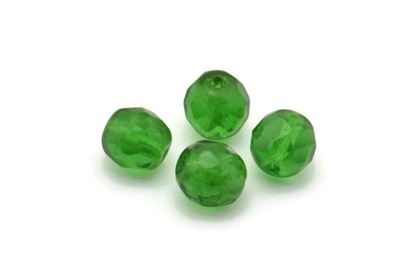 Vintage Faceted Bead, 10 Vintage Green Czech Glass Round Faceted Beads Cf-5765 CF100 CF19