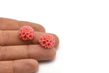 Flower Cabochons, 4 Coral Pink Chrysanthemum Flower Cabochons (18x9mm) T033