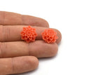 Flower Cabochons, 2 Orange Chrysanthemum Flower Cabochons (17x9mm) T003