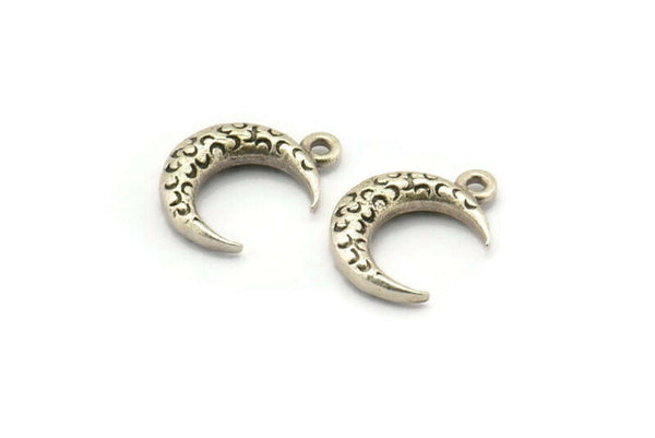 Gümüş Kaplama Hilal, 6 Antik Gümüş Kaplama Dokulu Boynuz Tılsımı, Kolye Ucu, Mücevher Parçası (12x4x3mm) N0335
