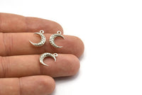 Gümüş Kaplama Hilal, 12 Antik Gümüş Kaplama Dokulu Boynuz Tılsımı, Kolye Ucu, Mücevher Parçası (12x4x3mm) N0335