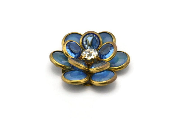 Blue Lucite And Brass Frame Caged Rhinestone Flower Flatback Beads, Cabochons 32 Mm B-22