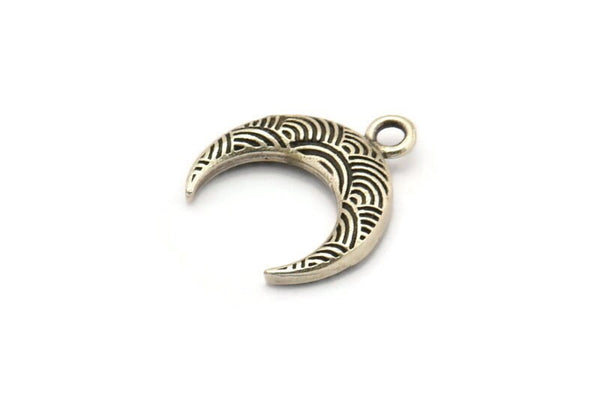 Gümüş Ay Tılsımı, 4 Antik Gümüş Kaplamalı Pirinç Dokulu Boynuz Tılsımı, Kolye Ucu, Mücevher Parçası (19x6x4mm) N0271
