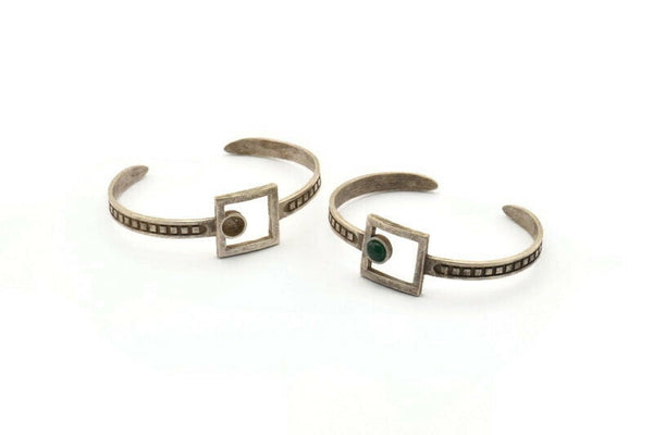 Silver Square Cuff, Antique Silver Plated Brass Square Cuff Stone Setting With 1 Pad - Pad Size 6mm N1678 Q0667