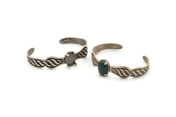 Silver Geometric Cuff, Antique Silver Plated Brass Geometric Cuff Stone Setting With 1 Pad -  Pad Size 15x11mm N1676 H0577