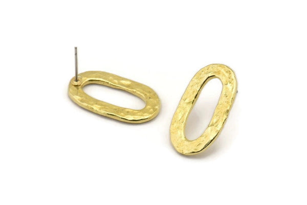 Brass Oval Earring, 2 Hammered Raw Brass Oval Stud Earrings (26x14x2mm) N1702