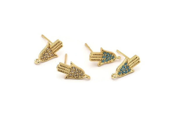 Gold Hamsa Earring, 4 Gold Plated Hamsa Hand, Cubic Zircon, CZ Pave Hand Earring, Zircon Stud Earrings, Hand Of Fatima (8x14mm) SY0180