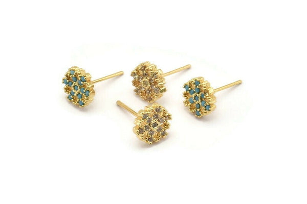 Gold Flower Earring, 4 Gold Plated Brass Flower Stud Earrings (8mm) SY0179