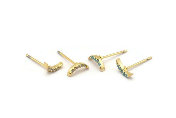 Gold Moon Earring, 4 Gold Plated Brass Crescent Moon Stud Earrings (8x1.5mm) SY0189