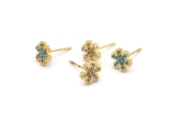 Gold Snowflake Earring, 4 Gold Plated Brass Snowflake Stud Earrings (9mm) SY0184