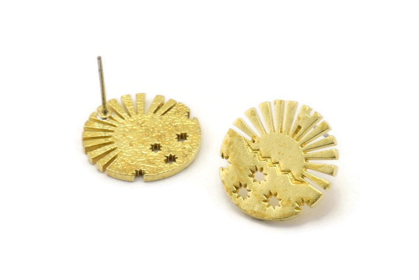 Brass Sun Earring, 2 Raw Brass Sun Stud Earrings (18x1.5mm) N1712