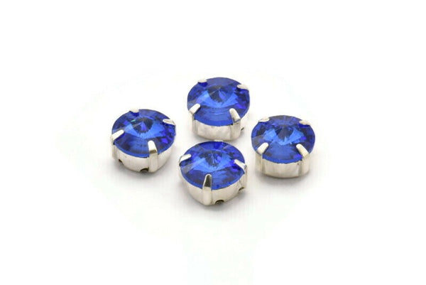 Ss47 Sapphire, 20 Ss47 Sapphire Rivoli Sew On Rhinestone Silver Plated Brass Prong Setting 4 Hole Slider 10.5mm