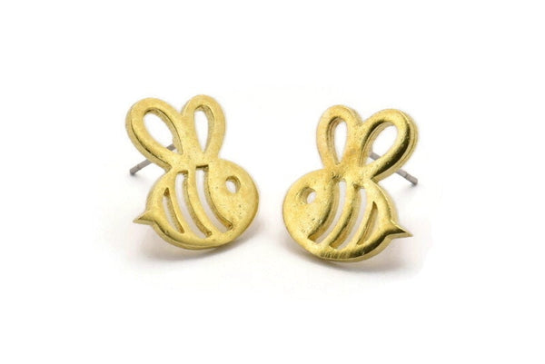 Brass Bee Earring, 4 Raw Brass Bee Stud Earrings (17x15x1.2mm) N1745