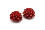 Flower Cabochons, 2 Red Chrysanthemum Flower Cabochons (36x20mm) T038