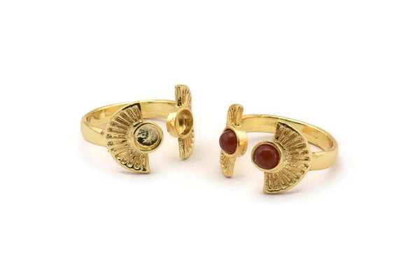 Gold Ring Settings, 1 Gold Plated Brass Half Moon Ring With 2 Stone Setting - Pad Size 4mm E635 Q0638