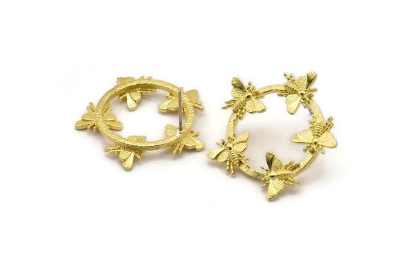 Brass Bee Earring, 2 Raw Brass Bee Stud Earrings (29x4mm) N1752