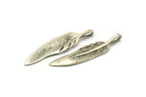 Minimalist Feather Pendant, 2 Antique Silver Plated Brass Feather Charm, Feather Pendants (51x11.5mm) N0180