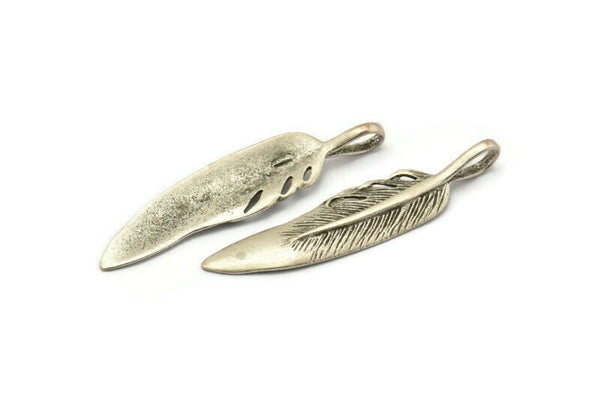Minimalist Feather Pendant, 4 Antique Silver Plated Brass Feather Charm, Feather Pendants (51x11.5mm) N0180