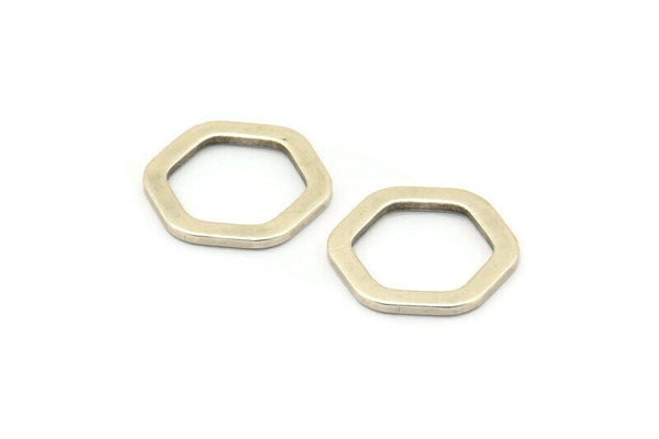 Silver Hexagon Ring, 12 Antique Silver Brass Hexagon Charms, Rings (14x2x1.2mm) D0082 H0637