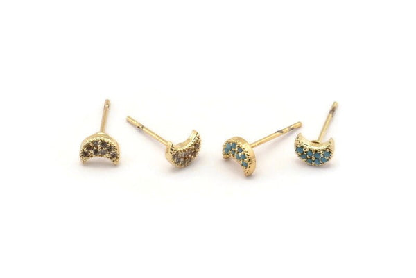 Gold Moon Earring, 4 Gold Plated Brass Crescent Moon Stud Earrings (6x4mm) SY0214