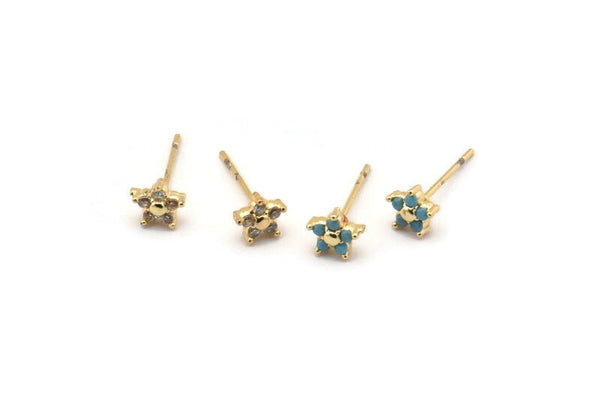 Gold Flower Earring, 4 Gold Plated Brass Flower Stud Earrings (6mm) SY0215